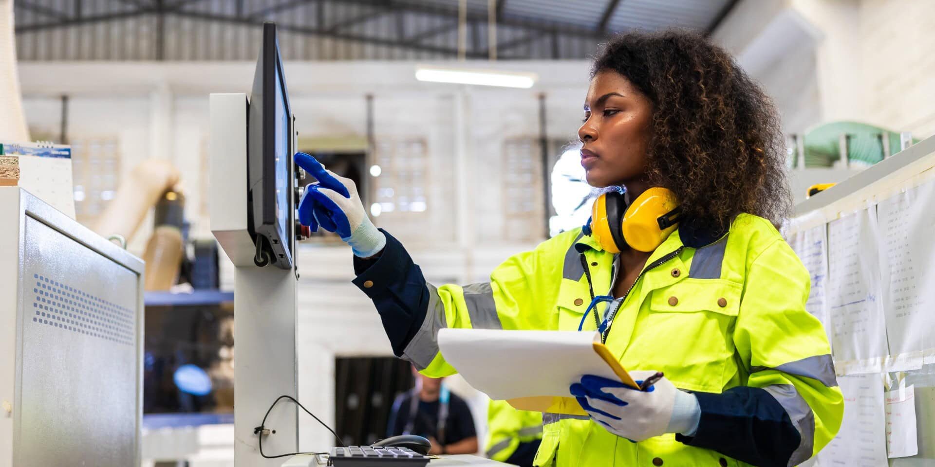 staff woman worker work operate cutting machine. Lathe CNC engineer. modern factory working woman. smart women worker industry workplace